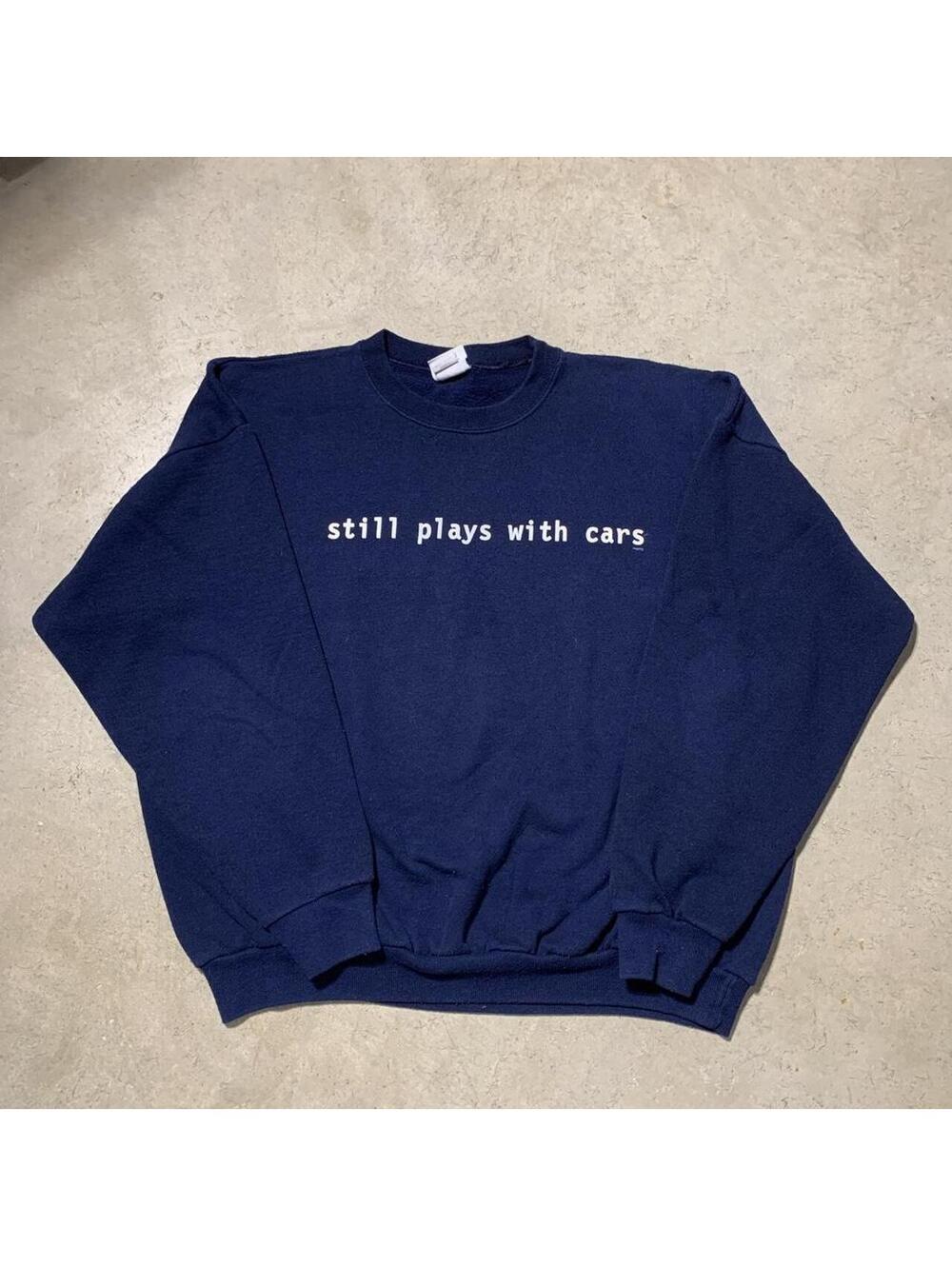 Vintage Y2K Still Plays With Cars Sweatshirt Mens XL Navy USA Car Guy